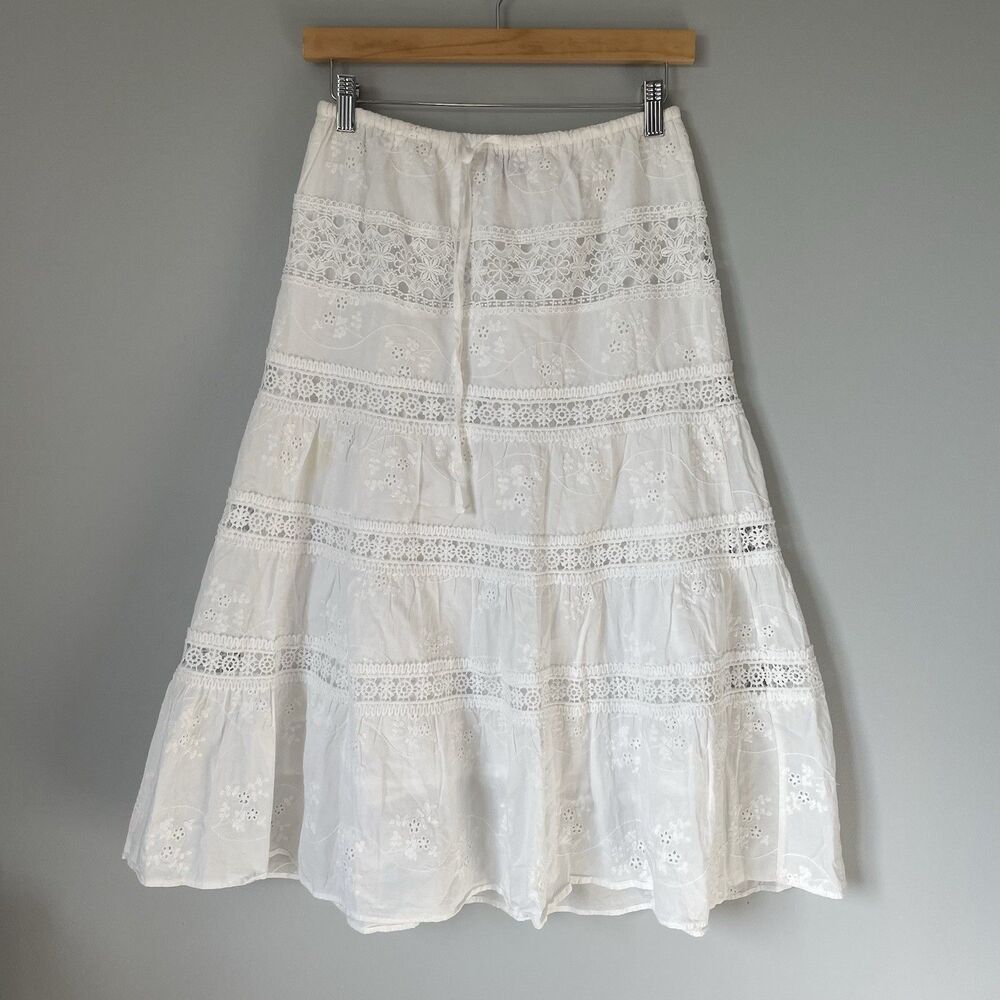 Edikted Vintage Lace Boho Maxi Skirt Cottagecore 100% Cotton White Size XS